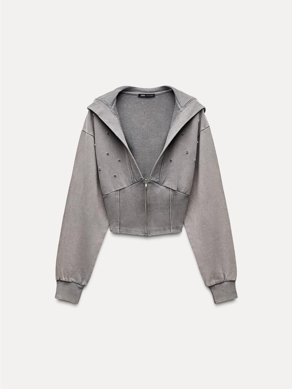 ZARA Taupe Cropped Jeweled Washed Effect Sweatshirt